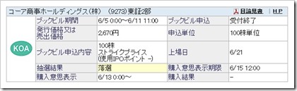 コーア商事ホールディングス（9273）IPO落選