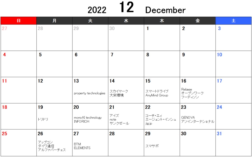 IPOカレンダー2022.12
