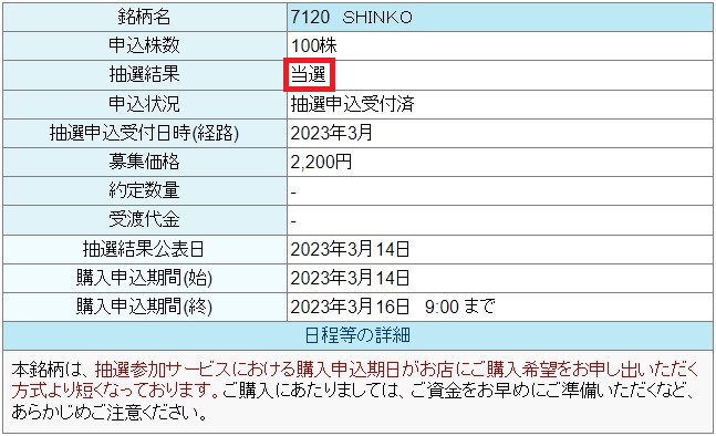 SHINKO（7120）IPO当選大和証券