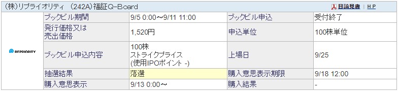 リプライオリティ（242A）IPO落選SBI証券