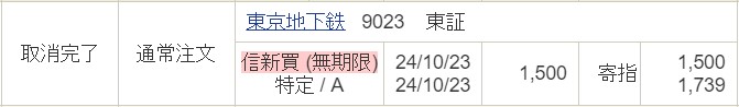 東京地下鉄（9023）東京メトロIPOセカンダリ取消2024.10.23