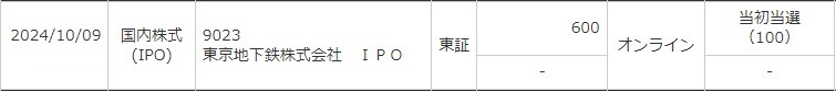 東京地下鉄（9023）東京メトロIPO当選三菱UFJモルガン・スタンレー証券