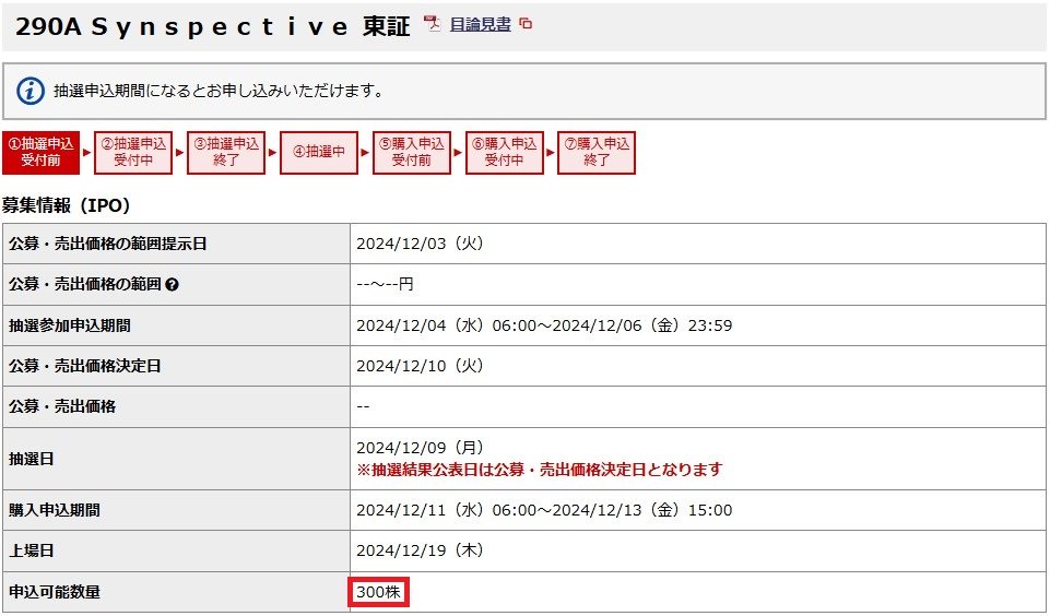 Synspective（290A）IPO野村證券300株1セット