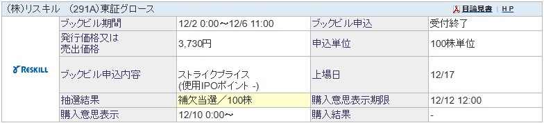 リスキル（291A）IPO補欠当選SBI証券