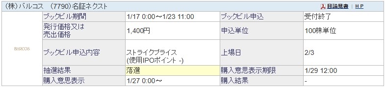 バルコス（7790）IPO落選SBI証券