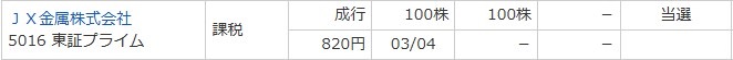 JX金属（5016）IPO当選マネックス証券