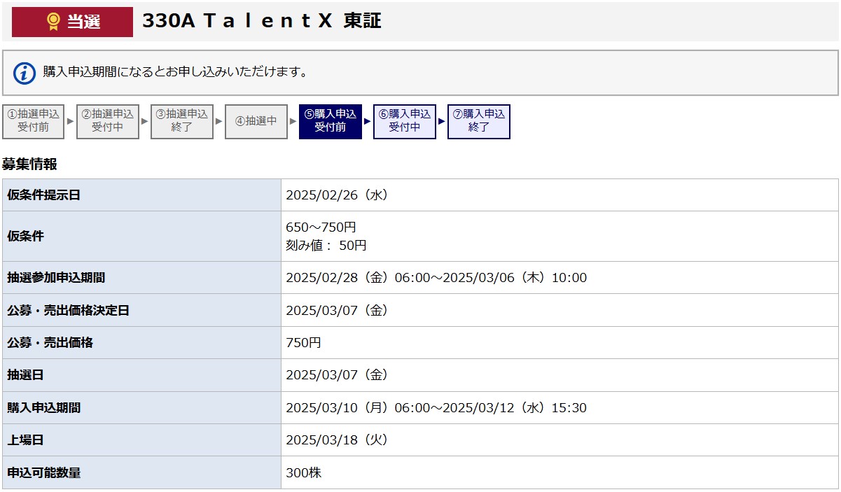 TalentX（330A）IPO当選みずほ証券