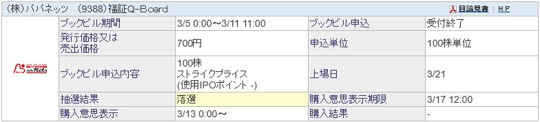 パパネッツ（9388）IPO落選SBI証券