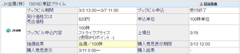 JX金属（5016）IPO当選SBI証券