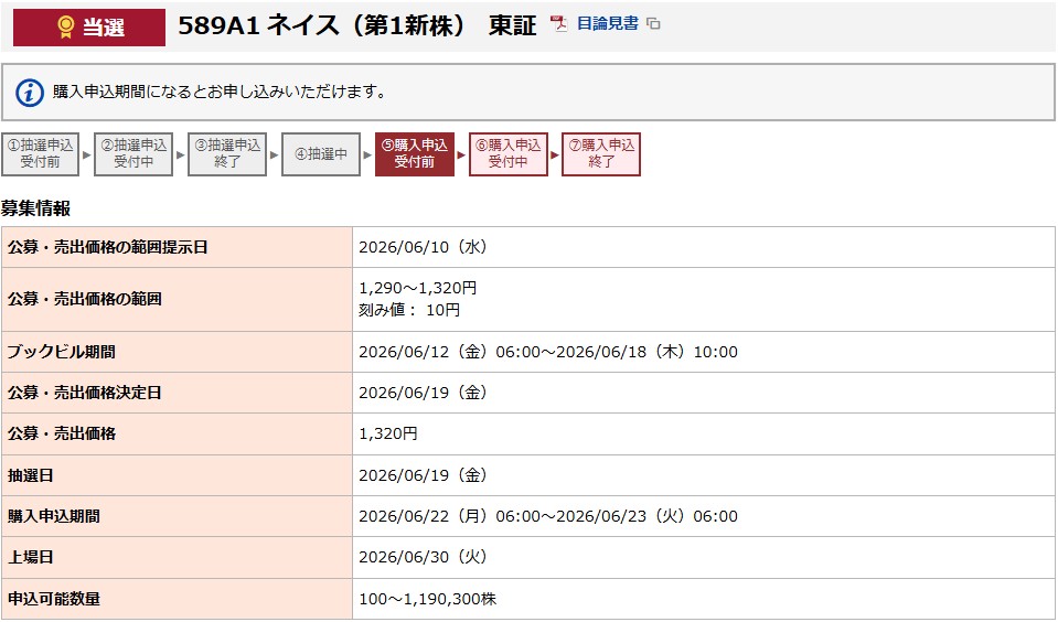 ネイス(589A)IPO当選